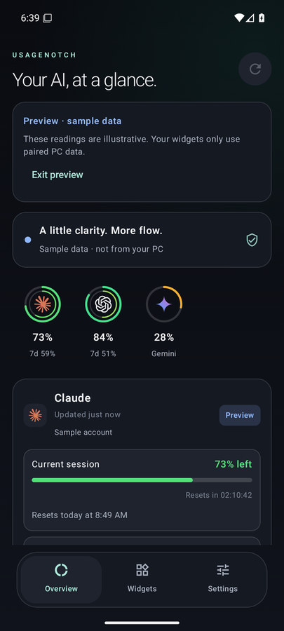 UsageNotch on Android showing sample data: Claude 5-hour window with 73% remaining and a reset countdown