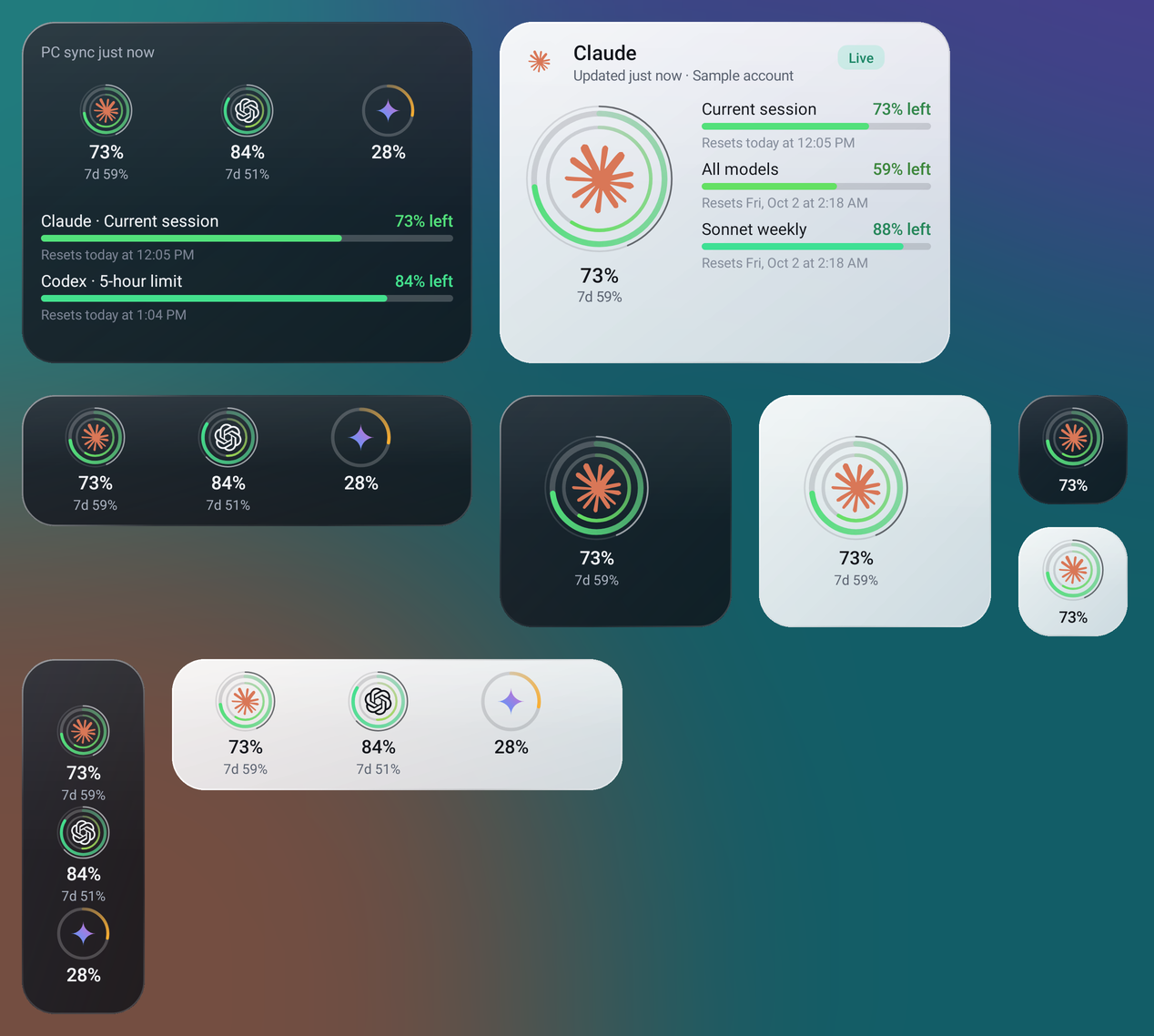 Glass UsageNotch widgets in dark and light over a wallpaper: a full overview with rings and limit bars, a wide focus widget with a large dual ring, a dock row, 2×2 focus rings, 1×1 rings and a vertical dock column